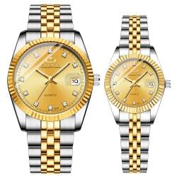 Jusqarven Luxus Paar Uhr Strass für Sie und Ihn Paar Uhr Set Edelstahl Armbanduhr mit Kalender Leuchtzeiger, Gold v2, medium, Luxuriös von Jusqarven