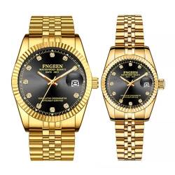 Jusqarven Luxus Paar Uhr Strass für Sie und Ihn Paar Uhr Set Edelstahl Armbanduhr mit Kalender Leuchtzeiger, Schwarz, medium, Luxuriös von Jusqarven