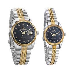 Jusqarven Luxus Paar Uhr Strass für Sie und Ihn Paar Uhr Set Edelstahl Armbanduhr mit Kalender Leuchtzeiger, Schwarz V2, medium, Luxuriös von Jusqarven