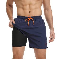 JustSun Badehose Herren Badeshorts Herren Kurz mit Kompression 2 in 1 Schnelltrocknend Männer Schwimmhose Boardshorts Strandshorts Herren Swim Shorts Dunkelblau M von JustSun