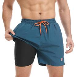 JustSun Badehose Herren Badeshorts Herren Kurz mit Kompression 2 in 1 Schnelltrocknend Männer Schwimmhose Strandshorts Schwimmshort Herren Swim Shorts Pfauenblau S von JustSun