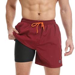 JustSun Badehose Herren Badeshorts Herren Kurz mit Kompression 2 in 1 Schnelltrocknend Männer Schwimmhose Strandshorts Schwimmshort Herren Swim Shorts Rotwein S von JustSun