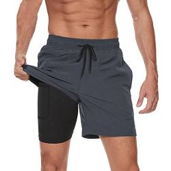 JustSun Badehose Herren Badeshorts Herren mit Kompression 2 in 1 Schnelltrocknend Männer Schwimmhose Schwimmshort Swim Shorts Grau S von JustSun