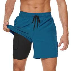 JustSun Badehose Herren Badeshorts Herren mit Kompression 2 in 1 Schnelltrocknend Männer Schwimmhose Schwimmshort Swim Shorts Pfauenblau L von JustSun