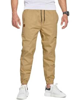 JustSun Chino Hosen Herren Baumwolle Freizeithose Herren Jogginghose Herren Trainingshose Sporthose Männer Lang mit Kordelzug Casual Hose mit Taschen Khaki S von JustSun