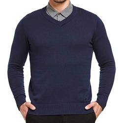 JustSun Herren Pullover Basic Strickpullover Herren Klassisch Langarm Männer Sweater mit V-Ausschnitt Blau 2XL von JustSun