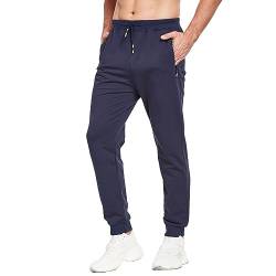 JustSun Jogginghose Herren Baumwolle Sporthose Trainingshose Herren Lang Fitness Hosen Männer Sweathose Sweatpants Herren mit Reissverschluss Taschen Blau L von JustSun