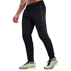 JustSun Jogginghose Herren Trainingshose Sporthose Herren Lang Slim Fit Fitness Hosen Herren mit Reißverschlusstaschen Schwarz S von JustSun