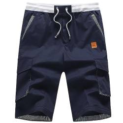 JustSun Kurze Hosen Herren Shorts Cargo Sommer Chino Shorts Männer Baumwolle Mehreren Taschen mit Tunnelzug Navy Blau L von JustSun