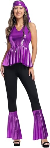 Hippie Kleidung Kostüm Disco Kostüm Outfit Top und Schlaghose Set 70er 80er 90er Übergröße Halloween Damen ErwacÖsene Party Lila L von Jutrisujo