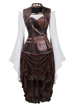 Jutrisujo Korsett Damen Kleid 3 Set Steampunk Corset Dress Rock Kostüm Pirat Bluse Top Corsage Piratenrock Braun 2XL von Jutrisujo