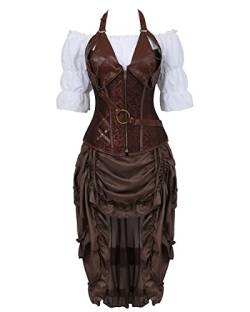 Jutrisujo Korsett Kleid 3 Set Steampunk Corset Dress Rock Bluse Top Corsage Piratenrock Braun 2XL von Jutrisujo
