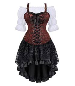 Jutrisujo Korsett Kleid Damen Rock 3 Set Steampunk Corsage mit Strapsen Spitze Corset Dress Bustier Damen Korsagenkleid Kostüm Pirat Halloween Braun 3XL von Jutrisujo