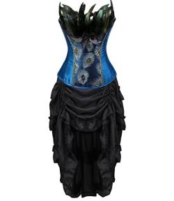 Jutrisujo Korsett Kleid Damen Rock Tutu Set Corset Dress Corsagenkleid Corsage Vollbrust Feder Pfau Pattern Burlesque Kostüme Blau 3XL von Jutrisujo