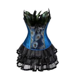 Jutrisujo Korsett Kleid Damen Rock Tutu Set Corset Dress Korsettkleid Corsage Vollbrust Feder Pfau Pattern Burlesque Kostüme Blau 4XL von Jutrisujo