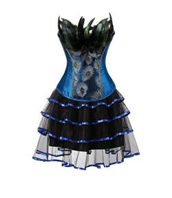 Jutrisujo Korsett Kleid Damen Set Rock Tutu Corsett Dress Korsettkleid Corsage Vollbrust Feder Pfau Pattern Burlesque Kostüme Große Größen Blau 3XL von Jutrisujo