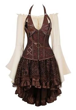 Jutrisujo Korsett Kleid Rock 3Set Steampunk Piraten Corsage Corset Dress Bustier Damen Korsagenkleid Neckholder Gothic n Halloween Kostüm Braun S von Jutrisujo