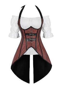 Jutrisujo Korsett Lang Underbust Corsage Bluse Top Set Damen Neckholder Steampunk Kostüm Piraten Halloween Braun 7XL von Jutrisujo