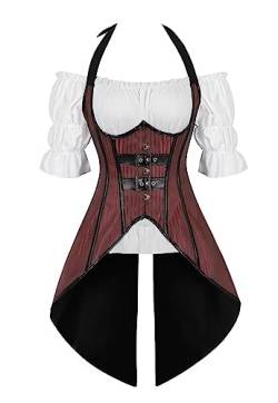 Jutrisujo Korsett Underbust Corset Piraten Neckholder Bluse Top Set Damen Steampunk Corsage Mit Träger Lang Kostüm Halloween Rot S von Jutrisujo