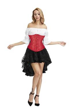Jutrisujo Korsett Underbust Set Damen Kleid 3 Pcs Corset Dress Corsagenkleid Corsage Kostüm mit Spitzenrock und Bluse für Karneval Fasching Halloween Rot S von Jutrisujo