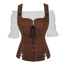 Jutrisujo Mittelalter Bluse Weste Set Damen Kleidung Renaissance Pirate Kostüm Gothic Mantel Steampunk Viktorianisch Cosplay Top Halloween Kaffee 2XL von Jutrisujo