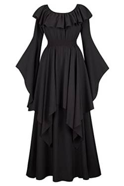 Jutrisujo Mittelalter Kleid Damen Renaissance mit Trompetenärmel Party Frauen Kleidung Kostüm Bodenlang Vintage Retro Festlich Schwarz 2XL von Jutrisujo