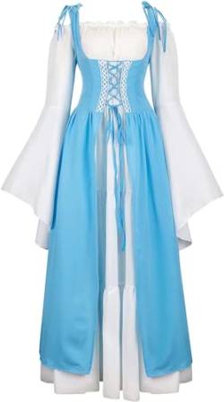 Jutrisujo Mittelalter Kleid Renaissance mit Trompetenärmel Party Kostüm bodenlang Vintage Retro Costume Cosplay Hellblau Damen L von Jutrisujo