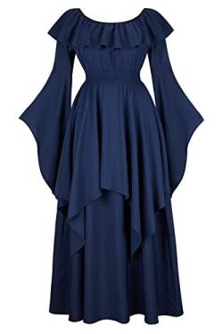 Jutrisujo Mittelalter Kleidung Damen Kleid Damen mit Trompetenärmel Party Kostüm Maxikleid Vintage Retro Renaissance Johanna blau 3XL von Jutrisujo