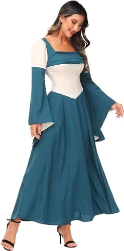 Jutrisujo Mittelalter Kleidung Damen Kleid Long mit Trompetenärmel Wikinger Party Kostüm Maxikleid Vintage Retro Renaissance Grün S von Jutrisujo