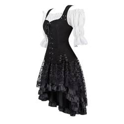 Jutrisujo Mittelalter Kleidung Damen Set Weste Bluse Kleid Wikinger Pirat Kostüm Renaissance Gothic Steampunk Cosplay Top Schnürung Oktoberfest Schwarz Weiß 2XL von Jutrisujo