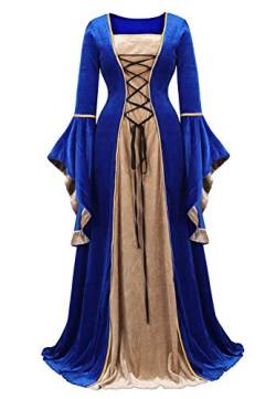 Jutrisujo Mittelalter Kleidung Damen samtkleid lang samt Kleid Renaissance viktorianischen kostüm maxikleid Vintage Retro trompetenärmel Blau XL von Jutrisujo