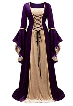 Jutrisujo Mittelalter Kleidung Damen samtkleid lang samt Kleid Renaissance viktorianischen kostüm maxikleid Vintage Retro trompetenärmel Lila L von Jutrisujo