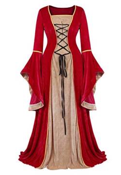 Jutrisujo Mittelalter Kleidung Damen samtkleid lang samt Kleid Renaissance viktorianischen kostüm maxikleid Vintage Retro trompetenärmel Rot 2XL von Jutrisujo