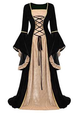 Jutrisujo Mittelalter Kleidung Damen samtkleid lang samt Kleid Renaissance viktorianischen kostüm maxikleid Vintage Retro trompetenärmel Schwarz XL von Jutrisujo