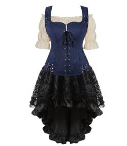 Jutrisujo Mittelalter Kleidung Kleid Pirat Weste mit Bluse 3Set Damen Renaissance Kostüm Gothic Mantel Steampunk Viktorianisch Sexy Vintage Top Dunkelblau S von Jutrisujo