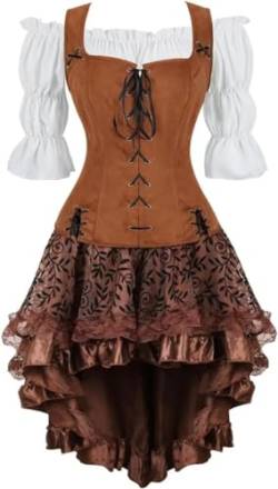 Jutrisujo Mittelalter Kleidung Kleid Renaissance Weste Bluse 3PCS Set Damen Piraten Kostüm Gothic Mantel Steampunk Cosplay Halloween Karneval Braun L von Jutrisujo