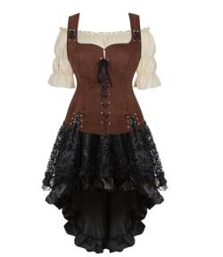 Jutrisujo Mittelalter Kleidung Kleid Weste mit Bluse 3Set Damen Pirat Kostüm Renaissance Gothic Mantel Steampunk Cosplay Top mit Schnürung Oktoberfest Kaffee M von Jutrisujo