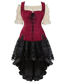 Jutrisujo Mittelalter Kleidung Kleid Weste mit Bluse 3Set Damen Steampunk Pirate Kostüm Gothic Mantel Renaissance Cosplay Top Halloween Weinrot XL von Jutrisujo