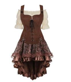 Jutrisujo Mittelalter Kleidung Kleid Weste mit Bluse Set Damen Pirat Kostüm Renaissance Gothic Mantel Steampunk Cosplay Top mit Schnürung Oktoberfest Kaffee M von Jutrisujo