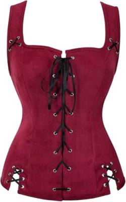 Jutrisujo Mittelalter Kleidung Renaissance Weste Damen Pirat Kostüm Gothic Mantel Steampunk Cosplay Top mit Schnürung Oktoberfest Weinrot 2XL von Jutrisujo