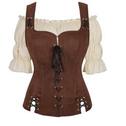 Jutrisujo Mittelalter Kleidung Weste mit Bluse Set Damen Pirat Kostüm Renaissance Gothic Mantel Steampunk Cosplay Top mit Schnürung Oktoberfest Kaffee XS von Jutrisujo