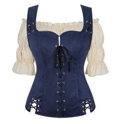 Jutrisujo Pirat Weste mit Bluse Set Damen Renaissance Mittelalter Kleidung Kostüm Gothic Mantel Steampunk Viktorianisch Sexy Vintage Top Dunkelblau XL von Jutrisujo