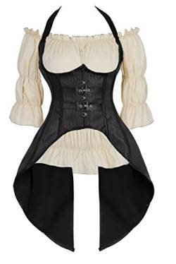 Jutrisujo Piraten Korsett Underbust Neckholder Bluse Top Set Damen Corset Steampunk Corsage Mit Träger Lang Kostüm XS von Jutrisujo