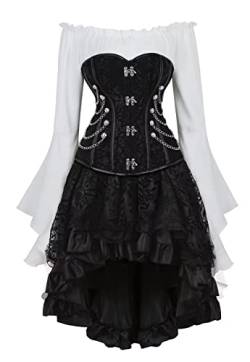 Jutrisujo Schwarz Korsett Kleid 3 Set Steampunk Corsage Corsagenkleid Bustier Piraten Kostüm Spitzenrock und Bluse für Karneval Halloween Schwarz XL von Jutrisujo