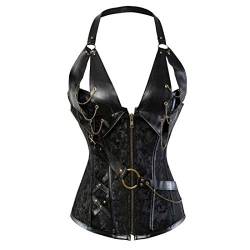 Jutrisujo Steampunk Korsett Damen Top Corsage mit Träger Leder Vintage Gothic Punk Korsage Piraten Schwarz 2XL von Jutrisujo