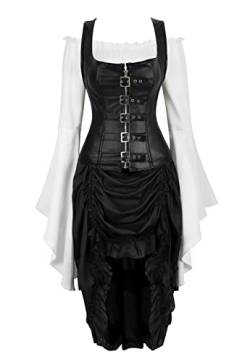 Jutrisujo Steampunk korsett kleider Leder Corsage Kostüm Corsagenkleid 3 Pcs Spitzenrock und Bluse für Halloween Piraten Schwarz M von Jutrisujo