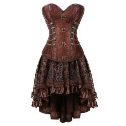 Jutrisujo steampunk Korsett Corsage Kleid leder Bustier corsagenkleid spitze Kostüm burlesque Damen Gothic Vintage Retro pirat Braun 2XL von Jutrisujo