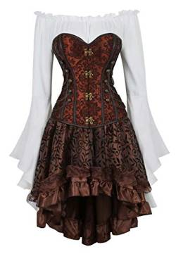 Jutrisujo steampunk korsett damen corsage kleid rock blusen 3 teilig Corsagenkleid gothic pirat frauen halloween braun L von Jutrisujo