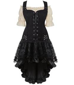 Mittelalter Kleid Damen Kleidung Renaissance Weste Bluse Rock 3PCS Piraten Kostüm Gothic Mantel Steampunk Cosplay Halloween Karneval Schwarz XS von Jutrisujo