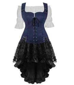 Mittelalter Kleid Damen Kleidung Rock Bluse Weste 3 Set Renaissance Steampunk Pirat Kostüm Retro Costume Cosplay Top mit Schnürung Dunkelblau 3XL von Jutrisujo